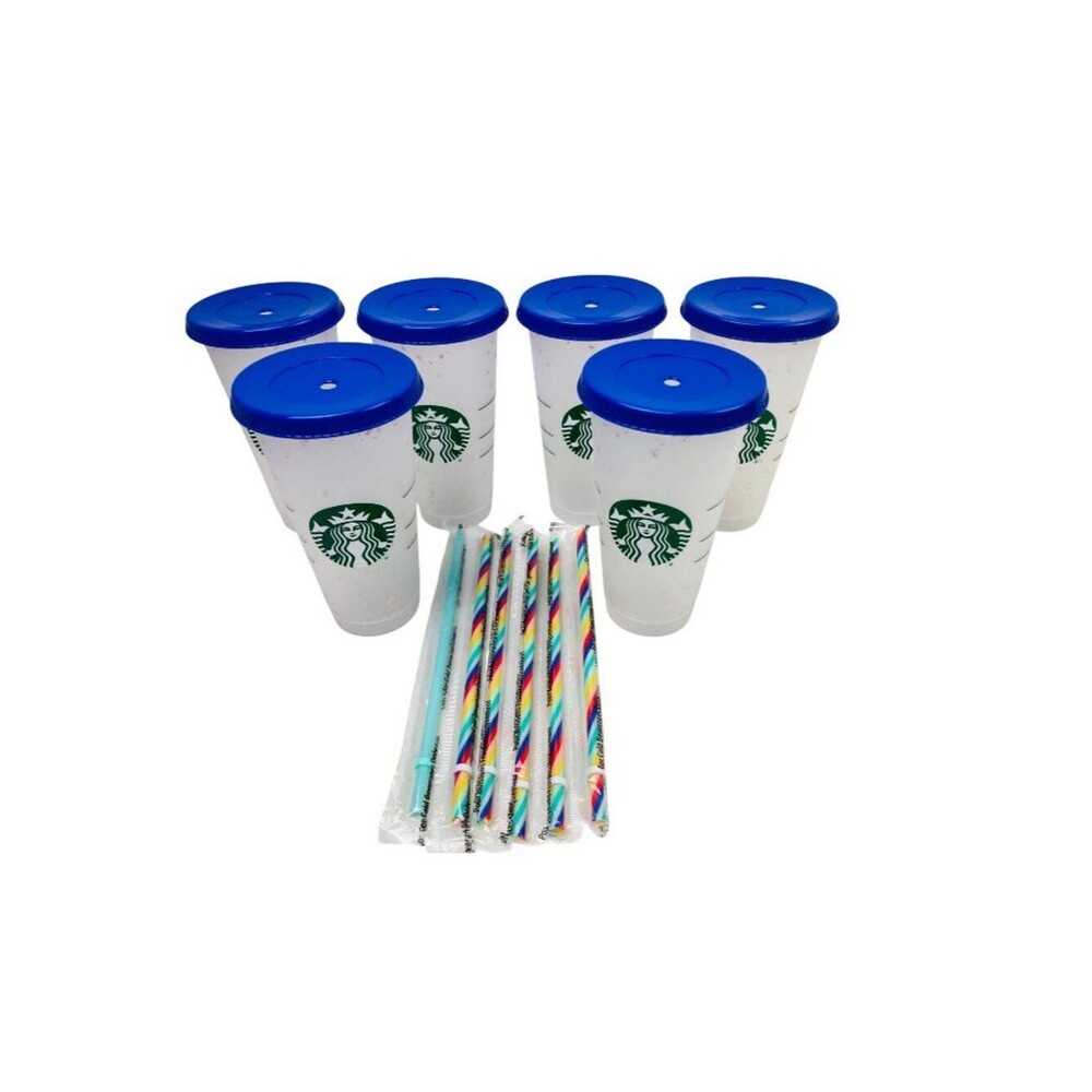 Starbucks Reusable 24oz Confetti Cold Cups With Rainbow Straws Set Of 6